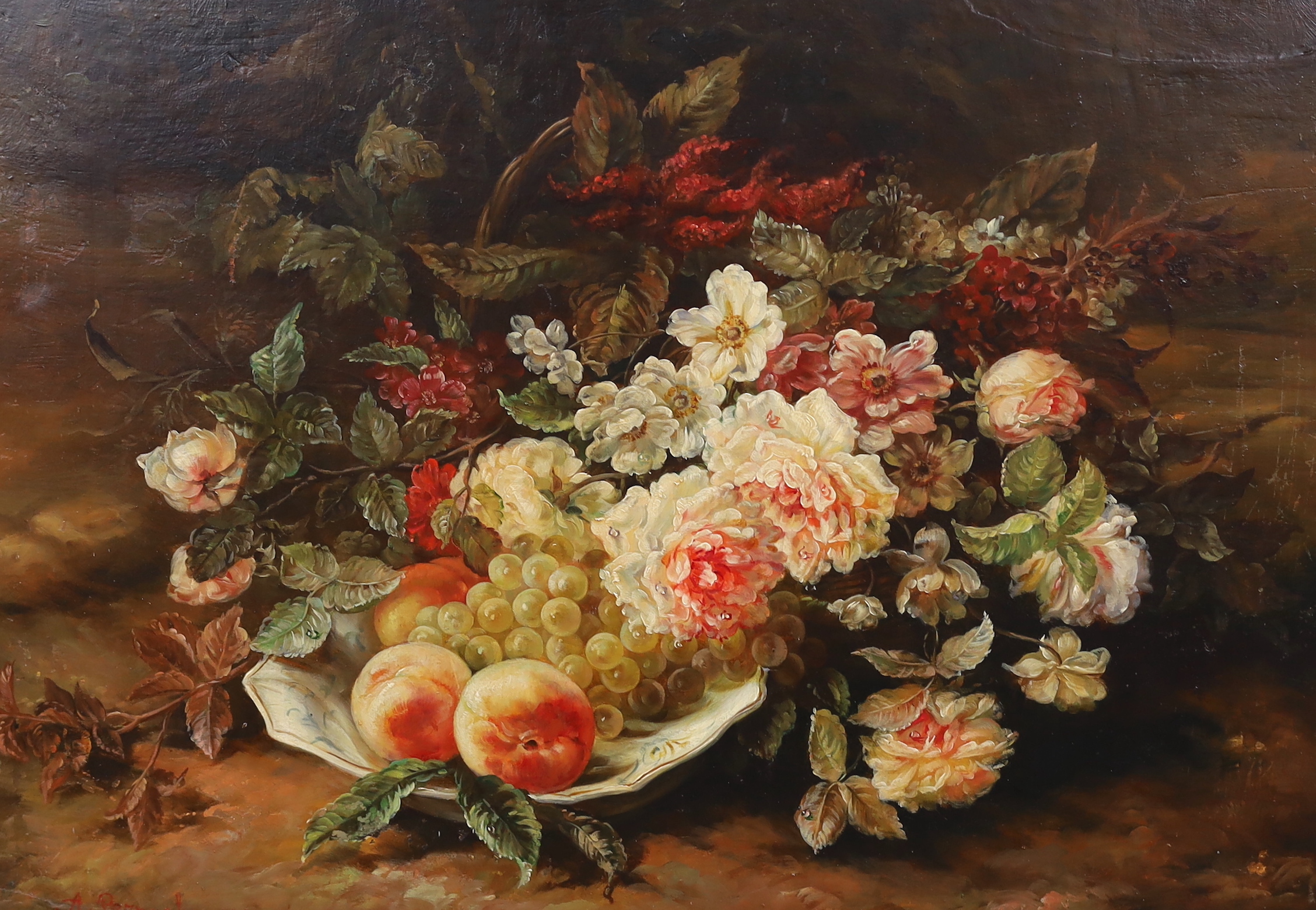 André Benoît Perrachon (French, 1828-1908), Still life of flowers and fruit on a table top, oil on wooden panel, 37 x 54cm